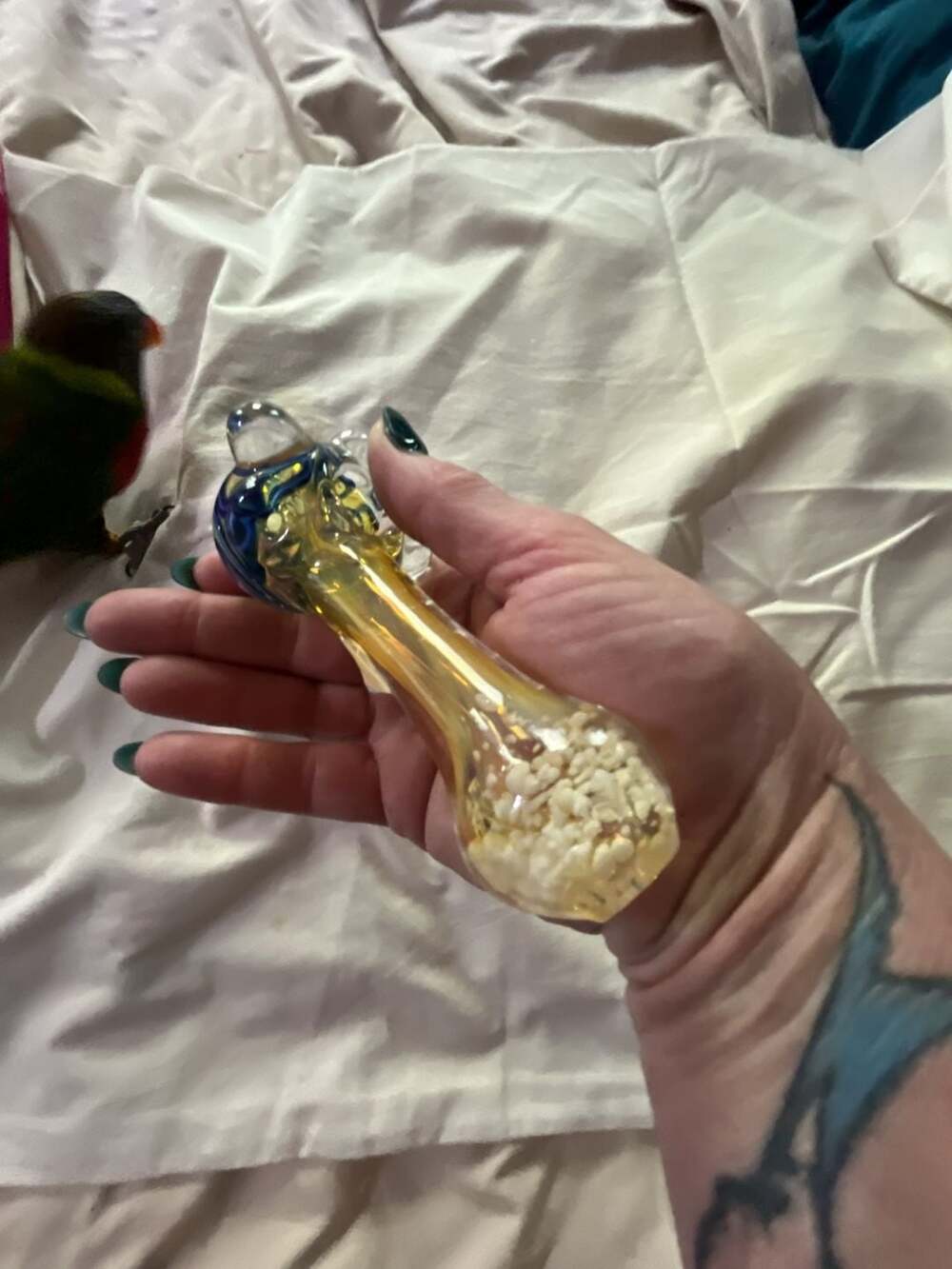 Fumed Glass Spoon Piece with Blue Swirl Accents and White Confetti Detail - Picture 7 of 9